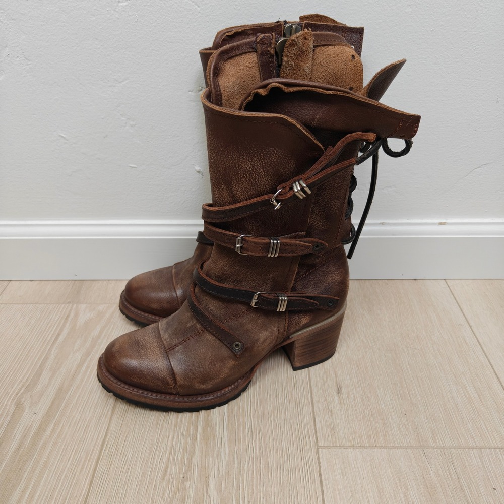 Freebird Cora Womens Boots 8 Brown Distressed Leather Strappy Buckle Moto - Picture 9 of 12
